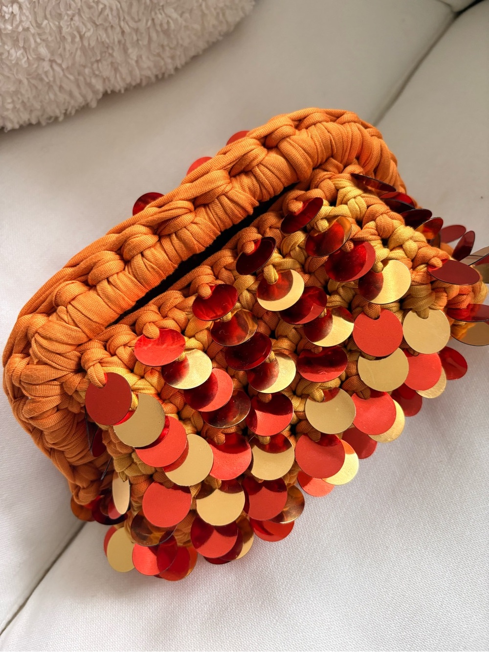 Handcrafted Orange & Gold Sequin Crochet Clutch - Women's Evening Bag